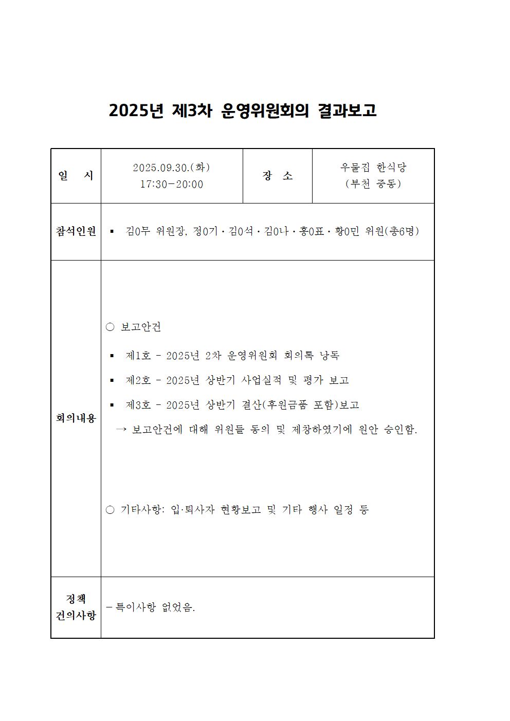 2025년 제3차 운영위원회의 결과보고